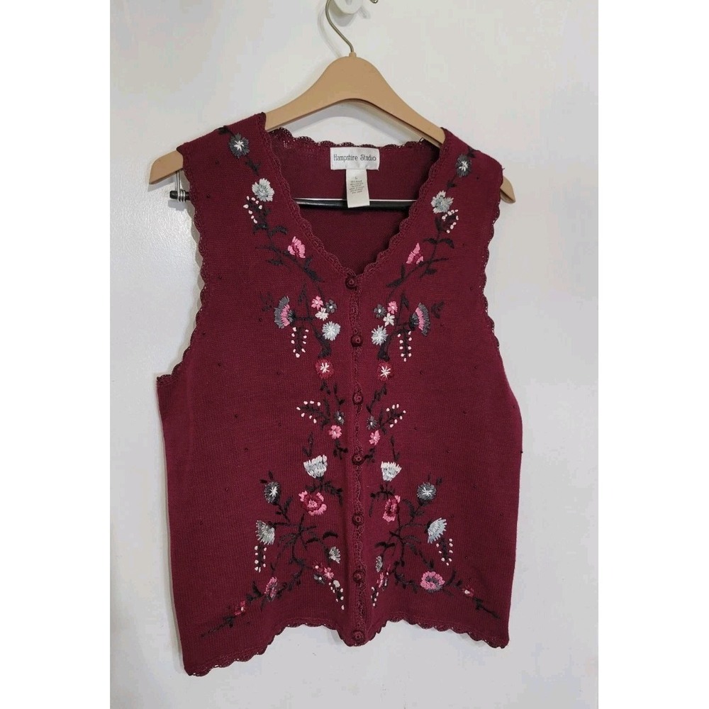 Vintage Hampshire Studio‎ Burgundy Women's Sweater Vest Floral Size L Grannycore